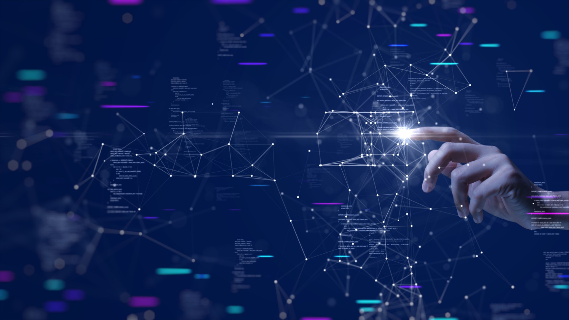 Digital cyber era technology concept. Human hand touching interconnected polygons of massive amounts of data glowing on a dark blue background. New innovations that are coming to change the world.