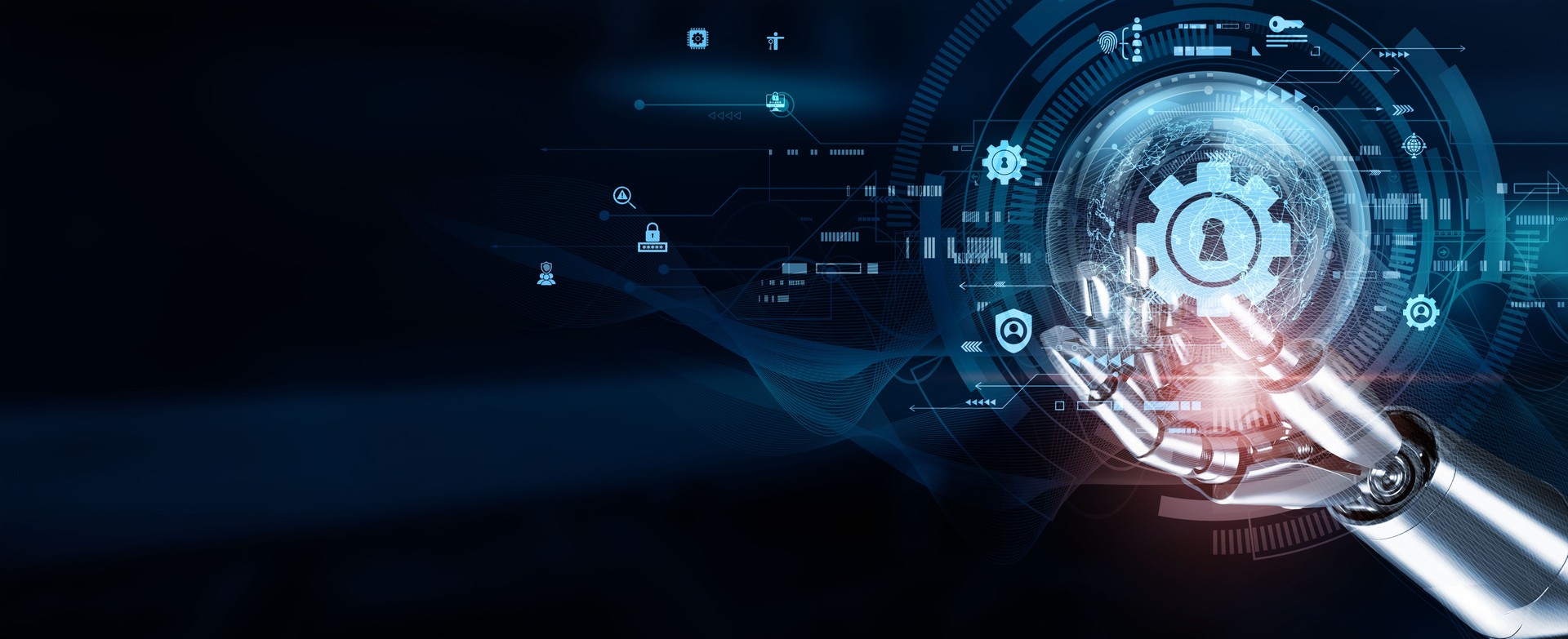 Hands of robots touch access management through robotic process automation (RPA), enabling automated execution of tasks like user provisioning, identity verification, and access control.